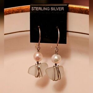 NEW Elegant Pearl 925 Silver Wire Wrapped Sea Glass Earrings E1P53